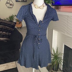 Blue and white polka dot romper
